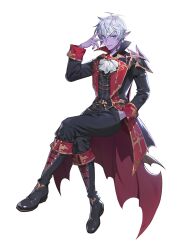  1boy armor artist_request ascot bat_ornament black_boots black_coat black_pants black_shirt blue_eyes boots brooch coat colored_skin commentary_request crossed_legs dark_elf dimael_(king&#039;s_raid) elf english_commentary full_body gem halloween halloween_costume hand_in_pocket highres invisible_chair jewelry king&#039;s_raid korean_commentary mixed-language_commentary neck_tattoo official_alternate_costume official_art pants pointy_ears purple_skin red_boots red_brooch red_coat red_gemstone shirt short_hair shoulder_armor sitting smile solo tattoo two-sided_coat two-sided_fabric vampire_costume white_ascot white_hair 