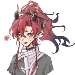  1boy ? arknights black_hair blue_eyes commentary_request cropped_shoulders gradient_hair hair_between_eyes hair_intakes highres horns light_blush long_hair looking_at_viewer male_focus multicolored_hair open_mouth pointy_ears ponytail red_hair shabulaji simple_background sketch solo spoken_question_mark streaked_hair sweatdrop white_background yu_(arknights) 