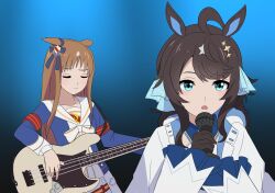  2girls ahoge animal_ears bang_dream! bang_dream!_it&#039;s_mygo!!!!! bass_guitar black_gloves black_hair blue_background blue_eyes blue_ribbon blue_shirt brown_hair closed_eyes closed_mouth daring_tact_(umamusume) ear_ornament ear_ribbon english_commentary gloves grass_wonder_(umamusume) hair_between_eyes hair_ornament hair_ribbon highres holding holding_bass_guitar holding_instrument holding_microphone horse_ears horse_girl instrument jacket long_hair long_sleeves microphone multicolored_hair multiple_girls music nagasaki_soyo open_mouth parted_bangs playing_instrument ribbon rienz sailor_collar shirt sidelocks singing standing star_(symbol) star_hair_ornament swept_bangs takamatsu_tomori trait_connection umamusume upper_body white_hair white_jacket white_sailor_collar youmiya_hina 