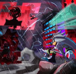  1girl 2boys aged_up alternate_costume alternate_design alternate_hair_length alternate_hairstyle animal_ears animal_nose battle black_dress black_sclera body_fur boots bracelet colored_sclera cyberspace dress furry furry_male glitch gloves gold_bracelet grey_fur hair_over_one_eye hedgehog_boy humanoid_robot jewelry metal_sonic multicolored_hair multiple_boys nullvoxxed one_eye_covered open_mouth pixel_eyes pointy_nose rain red_eyes red_hair robot sage_(sonic) science_fiction short_hair short_tail silver_the_hedgehog sonic_(series) tail telekinesis white_gloves white_hair yellow_eyes 