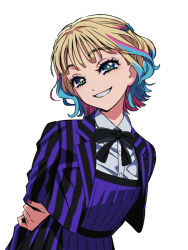  1girl addams_family black_bow black_bowtie blazer blonde_hair blue_eyeshadow bow bowtie collared_shirt dress enid_sinclair eyeshadow green_eyes jacket makeup multicolored_hair nevermore_academy_school_uniform pink_eyeshadow purple_dress school_uniform shirt short_hair smile streaked_hair striped_clothes teeth wednesday_(netflix) white_shirt yoko.u 