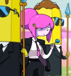  1girl 2boys adventure_time banana_guard candy colored_skin discount-supervillain food formal_clothes hair_ornament hairclip lollipop multiple_boys necktie pants pink_hair pink_skin princess_bonnibel_bubblegum sidelocks suit sunglasses toon_(style) updo 