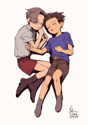  2boys absurdres ace_attorney aged_down black_socks blue_shirt brown_hair brown_shorts closed_eyes commentary_request erm_nkcn full_body grey_hair grey_shirt grey_socks highres male_focus miles_edgeworth multiple_boys phoenix_wright red_shorts shirt short_hair short_sleeves shorts simple_background sleeping socks 