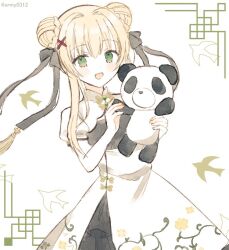  1girl :d aiyan alternate_costume alternate_hairstyle blonde_hair blush bun_with_braided_base china_dress chinese_clothes commentary_request cowboy_shot double_bun dress green_eyes hair_between_eyes hair_bun hair_ornament hands_up happy holding holding_stuffed_toy long_hair looking_at_viewer open_mouth puffy_short_sleeves puffy_sleeves short_sleeves sidelocks simple_background smile solo stuffed_animal stuffed_panda stuffed_toy summer_pockets tsumugi_wenders white_background white_dress x_hair_ornament 