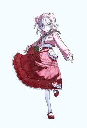  1girl :o a-pose absurdres animal_hood bag bear_hood blue_eyes blush bongzu bow buttoned_cuffs buttons center_frills commentary cropped_jacket dot_nose dress food-themed_bag frilled_dress frilled_hood frilled_shirt frilled_skirt frilled_sleeves frills full_body gingham_skirt grey_hair highres hood idolmaster idolmaster_shiny_colors jacket lolita_fashion long_sleeves looking_at_viewer mary_janes open_clothes open_jacket parted_lips pink_jacket polka_dot polka_dot_shirt polka_dot_skirt purple_hood red_bow red_shoes red_skirt serizawa_asahi shirt shoes shoulder_bag simple_background skirt socks solo standing standing_on_one_leg strawberry_bag symbol-only_commentary teeth upper_teeth_only white_background white_socks 