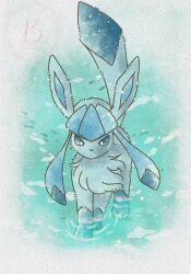  animal_focus baya_(sakura_mint) blue_eyes blue_fur blue_sclera closed_mouth colored_sclera full_body glaceon highres looking_at_viewer no_humans pokemon pokemon_(creature) pokemon_focus solo tail two-tone_fur water 