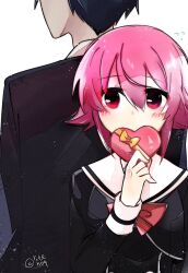  1boy 1girl black_hair black_jacket blush bow box breasts chaos;child chocolate covered_mouth food gift hair_between_eyes heart heart-shaped_box hekiho_academy_school_uniform holding holding_chocolate holding_food jacket long_hair long_sleeves looking_at_viewer medium_breasts miyashiro_takuru non-web_source onoe_serika pink_eyes pink_hair rotte_(1109) sailor_collar school_uniform science_adventure short_hair simple_background upper_body valentine white_background 