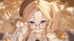  1girl autumn_leaves beret black-framed_eyewear blonde_hair blue_eyes blurry blurry_background blush collared_shirt depth_of_field glasses hat highres hololive hololive_english leaf long_hair long_sleeves looking_at_viewer meercat_dayo open_mouth outdoors shirt smile solo upper_body virtual_youtuber watson_amelia 