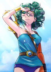  1girl aqua_shirt belt black_gloves blue_sky bracer breasts briefs character_ear_piercing circlet commentary_request cowboy_shot curly_hair dragon_quest dragon_quest_iv earrings gloves gold_bracer gold_circlet heroine_(dq4) highres jewelry looking_up male_underwear medium_breasts one_eye_closed orange_sleeves orange_thighhighs pekuchin_(pekuchin_3) shirt short_hair single_bracer single_glove single_sleeve single_thighhigh sky slime_(dragon_quest) solo strapless strapless_shirt sword sword_on_back thigh-highs underwear violet_eyes weapon weapon_on_back 