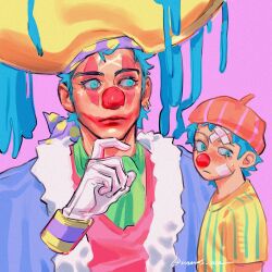  2boys ascot bandage_on_face bandages blue_eyes blue_hair buggy_the_clown clown clown_nose commentary_request earrings eyelashes facepaint gloves green_ascot hat highres jewelry male_focus multiple_boys multiple_views one_piece one_piece_(live_action) pastel_colors pink_background red_nose tears thinking vamos_mk white_gloves yellow_hat 