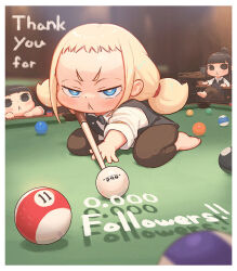  3girls :&lt; ball barefoot billiard_ball billiards black_bow black_bowtie black_eyes black_hair black_vest blonde_hair blue_eyes blurry blurry_background blush bow bowtie brown_pants closed_mouth collared_shirt commentary_request crossed_legs cue_stick depth_of_field forehead holding indoors kozato_(yu_kozato) little_blonde_girl_(kozato) milestone_celebration multiple_girls on_table original pants ponytail pool_table shirt short_eyebrows siblings sisters sitting table thank_you thick_eyebrows twins twintails v-shaped_eyebrows vest white_shirt 