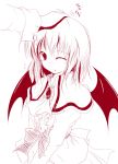  bat_wings blush brooch fang jewelry monochrome no_hat no_headwear petting red remilia_scarlet sorairo_porin touhou v_arms wings wink 