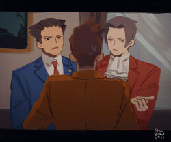  3boys ace_attorney ascot blue_jacket collared_shirt erm_nkcn from_behind grey_hair highres indoors jacket larry_butz long_sleeves looking_at_another male_focus miles_edgeworth multiple_boys necktie open_mouth orange_jacket phoenix_wright picture_frame red_necktie shirt short_hair white_ascot 
