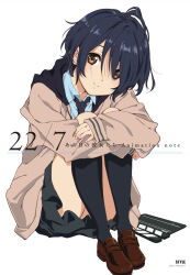  1girl 22/7 antenna_hair black_hair black_hood black_necktie black_skirt black_socks blue_shirt brown_eyes brown_hoodie brown_shoes clapperboard closed_mouth collarbone collared_shirt copyright_notice cover cover_page full_body group_name hair_over_eyes head_tilt hood hood_down hoodie horiguchi_yukiko hugging_own_legs kneehighs loafers long_sleeves looking_at_viewer miniskirt necktie official_art open_clothes open_hoodie shirt shoes short_hair simple_background sitting skirt smile socks solo takigawa_miu white_background 