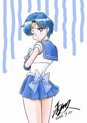  1girl ass_peek back_bow birthday bishoujo_senshi_sailor_moon blue_bow blue_bowtie blue_choker blue_skirt bow bowtie breasts choker disapproving_stare from_behind gloves highres kagawa_hisashi looking_at_viewer looking_back median_furrow medium_breasts miniskirt mizuno_ami pleated_skirt sailor_mercury skirt solo white_background white_gloves 