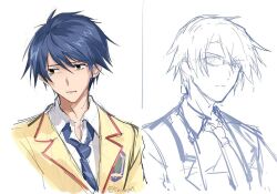  2boys blazer blue_hair chaos;child chaos;head clenched_teeth collared_shirt glasses hekiho_academy_school_uniform jacket looking_at_viewer loose_necktie male_focus miyashiro_takuru multiple_boys necktie nishijou_takumi non-web_source open_collar parted_lips rotte_(1109) school_uniform science_adventure shirt short_hair simple_background sketch suimei_academy_school_uniform teeth upper_body white_background 