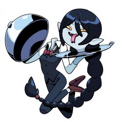  adventure_time bags_under_eyes bow bowtie colored_sclera colored_skin demon_girl discount-supervillain forked_tongue formal_clothes grey_skin headless highres holding_detached_head marceline_abadeer pants pointy_ears red_bow red_bowtie red_eyes serving_dome severed_head tongue toon_(style) vampire vest waitress yellow_sclera 