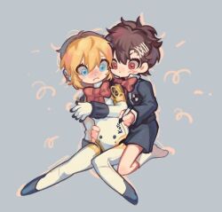  2girls aigis_(persona) android black_jacket black_skirt blonde_hair blue_background blue_eyes blush body_writing bow bowtie brown_hair character_name closed_mouth commentary_request frown full_body gekkoukan_high_school_uniform hand_on_another&#039;s_waist holding holding_marker jacket joints kneeling korean_commentary long_sleeves looking_at_another looking_down marker multiple_girls persona persona_3 persona_3_portable red_bow red_bowtie red_eyes robot_joints school_uniform shiomi_kotone short_hair simple_background sitting skirt socks white_socks xikq0py yuri 