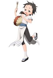  1girl :d anime_coloring arched_back black_hair black_pants black_sandals blue_sash blush breasts drum drumsticks flat_chest full_body hair_ribbon holding holding_drumsticks instrument japanese_clothes kimono kunoichi_tsubaki_no_mune_no_uchi leg_up looking_at_viewer low_ponytail medium_hair mukuge_(kunoichi_tsubaki_no_mune_no_uchi) obi official_art okuda_yousuke open_mouth pants pelvic_curtain ponytail red_ribbon ribbon sandals sash short_eyebrows short_sleeves simple_background smile socks solo spiky_hair standing standing_on_one_leg tachi-e taiko_drum tareme thick_eyebrows transparent_background white_kimono white_socks zouri 