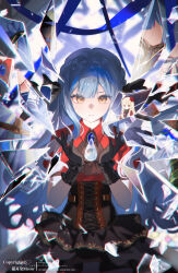  1girl absurdres ascot bang_dream! bang_dream!_it's_mygo!!!!! black_ascot black_corset black_gloves black_skirt blue_brooch blue_hair chinese_commentary closed_mouth commentary_request corset gloves haneoka_school_uniform highres long_hair maoerduo_meow oblivionis_(bang_dream!) red_shirt school_uniform shirt short_sleeves sidelocks skirt togawa_sakiko togawa_sakiko's_doll yellow_eyes 