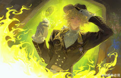  1boy absurdres aqua_eyes black_hat black_jacket blonde_hair burning burning_building burning_paper buttons chinese_commentary curtained_hair door double-breasted dutch_angle fanyuan_ye_xiao fire frilled_shirt_collar frilled_sleeves frills gloves green_fire hair_between_eyes hair_over_shoulder hand_on_headwear hands_up hat highres holding holding_paper jacket lapels lars_rorschach long_sleeves looking_at_viewer lovebrush_chronicles low_ponytail male_focus medal medium_hair notched_lapels official_alternate_costume paper parted_bangs parted_lips ponytail riding_outfit shirt solo upper_body watermark wavy_hair weibo_watermark white_gloves white_shirt 