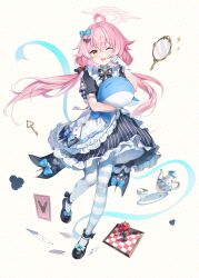 1girl ahoge alternate_costume apron aqua_bow asymmetrical_legwear black_bow black_dress blue_archive bow card dress fang finger_to_face frilled_apron frilled_dress frills full_body gloves guzangnanfeng hair_bow halo highres holding holding_stuffed_toy hoshino_(blue_archive) long_hair looking_at_viewer maid mirror mismatched_legwear one_eye_closed open_mouth pink_hair pink_halo playing_card polka_dot polka_dot_background short_sleeves simple_background solo striped_clothes striped_thighhighs stuffed_toy stuffed_whale thigh-highs white_apron white_gloves white_thighhighs yellow_eyes 