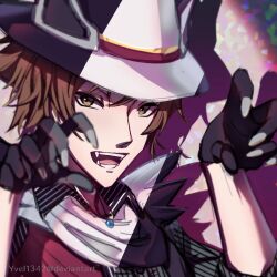  1boy black_gloves brown_eyes brown_hair claw_pose deviantart_username fangs gloves hilbert_(fall_2020)_(pokemon) hilbert_(pokemon) looking_at_viewer male_focus official_alternate_costume open_mouth pokemon pokemon_masters_ex solo upper_body yvel_(vszw2427) 