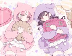  2girls animal_ears animal_hood black_hair blush commission grey_eyes heterochromia highres hood hood_up hoodie hugging_object jacket long_hair long_sleeves looking_at_viewer lying mole mole_under_eye multicolored_hair multiple_girls on_back original pajamas pillow pink_eyes pink_hair pink_jacket purple_hoodie short_hair shorts skeb_commission streaked_hair stuffed_toy thigh-highs tznb_last utaite white_eyes white_hair 