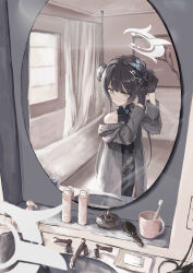  1girl adjusting_hair_ornament bar_soap bathroom bathtub black_dress black_gloves black_hair blue_archive bug butterfly butterfly_hair_ornament china_dress chinese_clothes closed_mouth coat commentary cowboy_shot cup curtains dot_mouth dot_nose double_bun dragon_print dress faucet gloves grey_coat grey_eyes grey_sleeves hair_brush hair_bun hair_ornament halo highres indoors kisaki_(blue_archive) kogure0012 long_hair long_sleeves looking_at_mirror mirror mug reflection shower_curtain sidelighting sidelocks single_bare_shoulder single_off_shoulder sink sleeveless sleeveless_dress soap solo standing striped_clothes striped_coat striped_sleeves toothbrush twintails vertical-striped_clothes vertical-striped_coat white_halo window 