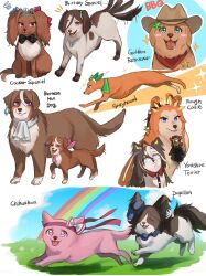  absurdres animal_focus animalization ascot bandana bandana_around_neck bernese_mountain_dog blue_eyes blue_flower blue_rose blue_sky bow brown_fur chihuahua closed_eyes closed_mouth clouds collie_(dog) cowboy_hat daiwa_scarlet_(umamusume) dog dream_journey_(umamusume) ear_covers ear_ornament earrings english_cocker_spaniel english_text field flower flower-shaped_pupils flower_in_eye full_body glasses golden_retriever grass greyhound hair_ornament hair_over_one_eye haru_urara_(umamusume) hat hat_flower headband highres himo_(user_rzgz5877) jewelry open_mouth orange_fur orfevre_(umamusume) papillon_(dog) pink_ascot pink_eyes pink_fur pink_headband rainbow red_bandana red_headband rice_shower_(umamusume) rose saliva silence_suzuka_(umamusume) single_earring sky smile spaniel_(dog) star_(symbol) star_hair_ornament symbol-shaped_pupils symbol_in_eye symboli_rudolf_(umamusume) taiki_shuttle_(umamusume) tail tail_wagging teeth tiara tilted_headwear tokai_teio_(umamusume) tongue tongue_out umamusume violet_eyes vodka_(umamusume) white_ascot white_fur yellow_eyes yorkshire_terrier 