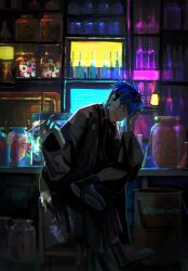  1boy absurdres arm_up beaker belt belt_buckle belt_collar black_belt black_boots black_hair black_kimono blue_eyes boots bottle buckle collar commentary_request crossed_legs elbow_rest eyeball facial_mark glass_bottle grin hand_on_own_face head_rest heart_(organ) highres holding holding_scalpel japanese_clothes jar kimono lantern long_sleeves looking_at_viewer male_focus multicolored_hair omokage_yugamu organs print_kimono scalpel sitting smile solo teeth the_hundred_line_-last_defense_academy- twitter_username two-tone_hair white_eyes wide_sleeves zhu_gong 