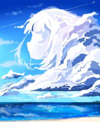  absurdres beach blue_background cloud_focus clouds cloudy_sky clulless commentary day english_commentary gawr_gura highres hololive hololive_english ocean outdoors shaped_cloud simple_bird sky sunlight textless_version virtual_youtuber 