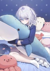  1girl absurdres character_request copyright_request full_body highres holding holding_stuffed_toy indoors kitada_mo looking_at_viewer no_shoes on_bed pajamas short_hair sitting socks solo stuffed_animal stuffed_toy two_side_up violet_eyes white_hair white_socks 