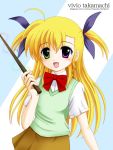  fang flipper hair_ribbon heterochromia long_hair mahou_shoujo_lyrical_nanoha mahou_shoujo_lyrical_nanoha_strikers ribbon skirt vivio wand 