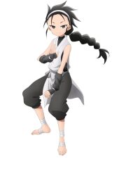  1girl anime_coloring bandaged_leg bandages barefoot black_hair black_pants braid braided_ponytail breasts clenched_hand closed_mouth fighting_stance fingerless_gloves flat_chest full_body gloves grey_eyes grey_sash headband japanese_clothes kimono kunoichi_tsubaki_no_mune_no_uchi long_hair looking_at_viewer martial_arts ninja official_art okuda_yousuke open_hand pants shion_(kunoichi_tsubaki_no_mune_no_uchi) simple_background single_braid sleeveless sleeveless_kimono smile solo spiky_hair standing tachi-e transparent_background tsurime v-shaped_eyebrows very_long_hair white_headband white_kimono 