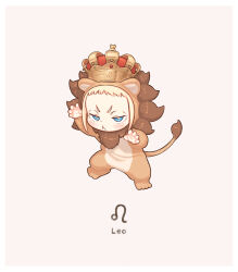  1girl :&lt; animal_costume animal_ears arm_up blonde_hair blue_eyes blush brown_background chibi claw_pose closed_mouth commentary_request crown fake_animal_ears fake_tail full_body hand_up highres hood hood_up kozato_(yu_kozato) leo_(symbol) leo_(zodiac) lion_costume lion_ears lion_tail little_blonde_girl_(kozato) long_sleeves original short_eyebrows simple_background solo tail thick_eyebrows v-shaped_eyebrows zodiac 