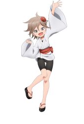  1girl :d ahoge anime_coloring arm_up bike_shorts black_sandals blush breasts brown_eyes brown_hair choker clenched_hand collarbone flat_chest flipped_hair flower full_body hair_between_eyes hair_flower hair_ornament hand_up japanese_clothes kagetsu_(kunoichi_tsubaki_no_mune_no_uchi) kimono kunoichi_tsubaki_no_mune_no_uchi long_sleeves looking_at_viewer ninja obi official_art okobo okuda_yousuke open_hand outstretched_arm palms platform_sandals red_choker red_flower sandals sash short_hair short_kimono simple_background smile solo spread_fingers standing standing_on_one_leg tachi-e transparent_background wide_sleeves zouri 