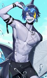  absurdres black_choker black_sclera black_shorts black_straps choker colored_sclera eyewear_on_head fins fish_tail highres indie_virtual_youtuber jewelry looking_at_viewer magic_necro male_focus monster_boy necklace no_shirt pointy_ears scar scar_on_chest second-party_source shark_boy shark_fin shark_tail sharp_teeth shorts surfboard tail teeth 