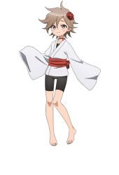  1girl ahoge anime_coloring barefoot bike_shorts blush breasts brown_eyes brown_hair choker closed_mouth collarbone flat_chest flipped_hair flower full_body hair_between_eyes hair_flower hair_ornament japanese_clothes kagetsu_(kunoichi_tsubaki_no_mune_no_uchi) kimono kunoichi_tsubaki_no_mune_no_uchi long_sleeves looking_at_viewer ninja obi official_art okuda_yousuke red_choker red_flower sash short_hair short_kimono simple_background sleeves_past_wrists smile solo standing tachi-e transparent_background wide_sleeves 