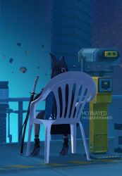  1girl animal_ears fox_ears hoshimi_miyabi katana long_hair looking_away sitting sword vergil's_chair_(meme) zenless_zone_zero 