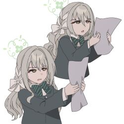  1girl aroha_j blue_archive bow bowtie braid choppy_bangs commentary confused diagonal-striped_bow diagonal-striped_bowtie diagonal-striped_clothes green_halo hair_ribbon halo hazel_eyes highres holding holding_paper looking_at_object meme miyo_(blue_archive) multiple_views paper reading ribbon ribbon_braid squinting striped_bow striped_bowtie striped_clothes white_background white_bow winnie_the_pooh_reading_(meme) 