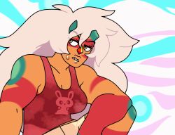  1girl abstract_background alternate_costume animated animated_gif breasts broken_horn casual colored_skin discount-supervillain gem horns jasper_(post-corruption)_(steven_universe) jasper_(species)_(steven_universe) jasper_(steven_universe) long_hair muscular muscular_female orange_skin psychedelic solo spots steven_universe steven_universe:_future striped_skin very_long_hair white_hair yellow_eyes 