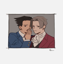  2boys ace_attorney ascot black_hair blue_jacket border commentary_request erm_nkcn fingernails grey_hair highres jacket long_sleeves male_focus miles_edgeworth multiple_boys open_mouth phoenix_wright red_jacket short_hair upper_body whispering_in_ear white_ascot white_border 