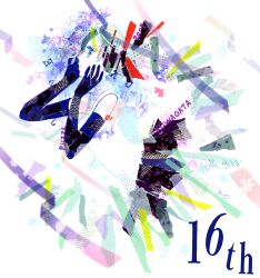  1girl 2009 abstract absurdres anniversary aqua_hair black_gloves black_skirt blonde_streaks blue_eyes collared_shirt cropped_torso elbow_gloves from_side gloves hair_ornament hand_on_own_face hands_up hatsune_miku highres looking_up masking_tape_(medium) mixed_media multicolored_hair original parted_lips profile puzzle_(vocaloid) ryono shirt signature skirt sleeveless sleeveless_shirt solo streaked_hair traditional_media twintails unconventional_media vocaloid white_background white_shirt 