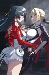  2girls absurdres arm_strap astra_yao black_coat black_hair black_pants blonde_hair blush breasts chest_harness clothes_grab coat coat_on_shoulders earphones earrings elbow_gloves evelyn_chevalier eye_contact gloves hairband half_gloves hand_on_another&#039;s_waist harness high-waist_pants highres jacket jewelry latex_pants long_ribbon looking_at_another lucien_tube multiple_girls necklace necktie necktie_grab neckwear_grab open_mouth pants pearl_necklace pulling_another&#039;s_clothes red_eyes red_jacket red_shrug ring_hair_ornament see-through_clothes see-through_shirt shirt shy single_elbow_glove single_half_glove thigh_beads tight_clothes tight_pants uneven_bangs violet_eyes white_hairband white_shirt yellow_necktie yuri zenless_zone_zero 