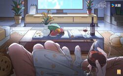  1boy 1girl alcohol between_legs book bottle cabinet calendar_(object) chinese_commentary coffee_table copyright_notice couch couple cup cushion dress drinking_glass flower food fruit heroine_(lovebrush_chronicles) hetero highres holding holding_cup indoors iris_(flower) knees_up lars_rorschach living_room lovebrush_chronicles matching_outfits official_art on_couch open_book orange_(fruit) orange_flower orange_pants pajamas pants pants_under_dress peach petals plant polka_dot polka_dot_dress polka_dot_socks potted_plant pov red_wine rug sitting socks spread_legs stool stuffed_animal stuffed_lion stuffed_toy table television tulip vase watermelon watermelon_slice white_dress white_socks wine wine_bottle wine_glass yellow_flower 