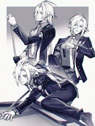  1boy arm_out_of_sleeve arm_strap ball billiard_ball black_gloves black_pants black_shoes bracelet closed_mouth coat cue_stick gloves heterochromia hugo_vlad jewelry leg_up medallion mole mole_under_eye multiple_rings necktie open_mouth pants paranomalzzz playing_games pointy_ears pool_table purple_necktie purple_shirt ring ring_hair_ornament shirt shoes single_glove solo table watch watch zenless_zone_zero 