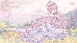  1girl absurdres bare_shoulders braid brown_eyes circlet closed_mouth clouds collar commission cowboy_shot crown_braid detached_collar detached_sleeves dot_nose dress eyelashes floral_print flower forest gown hair_between_eyes hair_flower hair_ornament happy highres holding holding_flower infinity_nikki kuwa_saki lake light_blush light_rays long_dress long_hair long_sleeves looking_at_viewer nature nikki_(nikki) nikki_(series) official_alternate_color outdoors picture_frame pink_flower pink_hair pink_rose pink_sky puffy_long_sleeves puffy_sleeves purple_collar purple_dress purple_sleeves rose sample_watermark see-through_clothes see-through_sleeves sky smile solo sparkle standing strapless strapless_dress sunlight sunset tiara too_many_watermarks very_long_hair watermark wavy_hair wishful_aurosa_(infinity_nikki) yellow_flower 