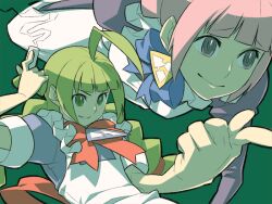  ! 2girls ? ahoge anime_coloring apron archived_source back_bow black_outline blue_bow blue_bowtie blue_dress blue_sleeves blunt_bangs bow bowtie braid breasts chalk color_contrast dress foreshortening frilled_apron frills futaba_channel green_background green_eyes green_hair holding holding_chalk itsumo_nokoru juliet_sleeves large_bow long_hair long_sleeves looking_ahead low-braided_long_hair low-tied_long_hair me-tan medium_breasts multiple_girls os-tan outline pink_hair pointing puffy_sleeves purple_dress red_bow red_bowtie short_sleeves sidelocks sleeve_cuffs smile smoke thick_outlines triangle_ornament twin_braids v-shaped_eyebrows violet_eyes we-tan white_apron white_sleeve_cuffs 