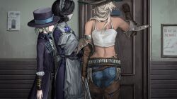  3girls apron argus_(reverse:1999) ascot bare_shoulders black_coat black_hair black_hat blanket blonde_hair blue_pants boat brown_hat brown_sleeves chaps coat denim detached_sleeves door dress facing_away flower from_behind gun hat highres holding holding_blanket holding_gun holding_weapon indoors jeans joki_yoh knocking long_dress looking_at_another maid maid_headdress midriff multiple_girls neck_flower pants picture_frame profile purple_dress purple_flower reverse:1999 rifle short_hair swaddled tank_top tuesday_(reverse:1999) vertin_(reverse:1999) watercraft weapon white_apron white_ascot white_tank_top 
